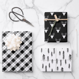 Black White Mixed Rustic Patterns Deer Woods Plaid Wrapping Paper Sheet