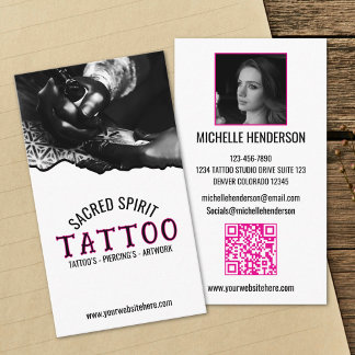 Black & White Modern 2 Photo QR Code Tattooist Business Card