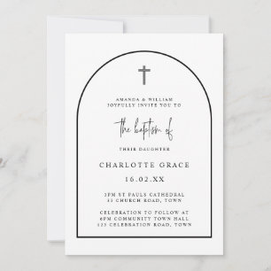 Black White Modern Arch Script Minimalist Baptism  Invitation