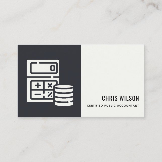 BLACK WHITE MODERN CALCULATOR COIN ACCOUNTING ICON BUSINESS CARD (Front)