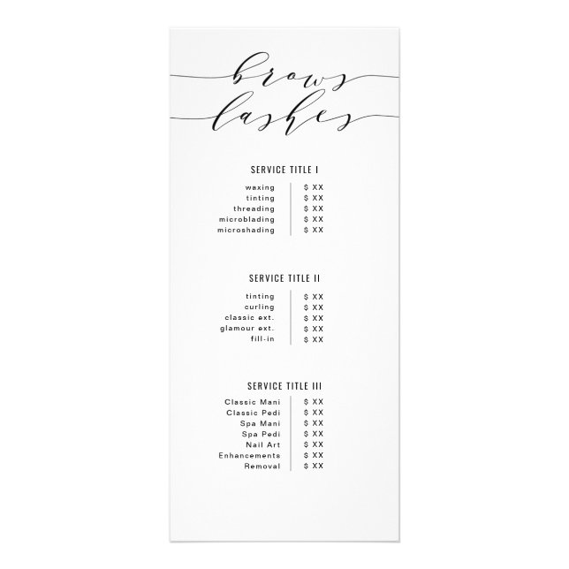 Black & White Modern Calligraphy Brows & Lashes Rack Card (Front)