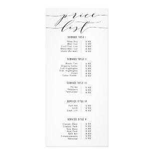 Black & White Modern Calligraphy Price List Salon Rack Card