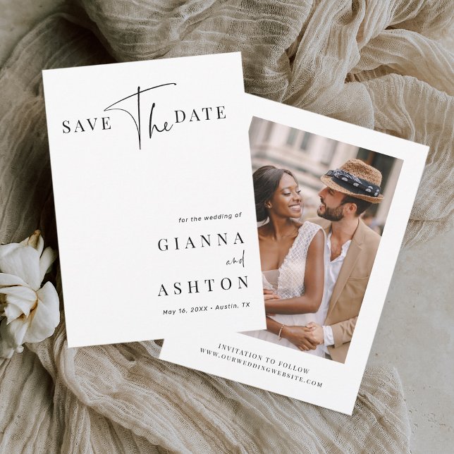 Black & White Modern Calligraphy Wedding Photo  Save The Date (Creator Uploaded)