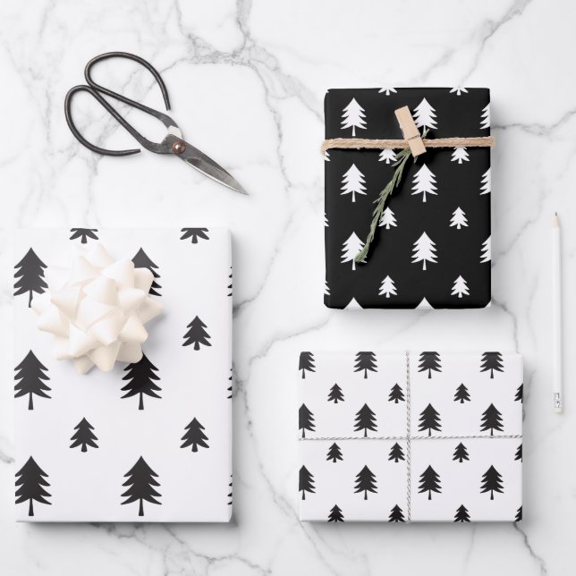 Black & White Modern Christmas Tree Pattern Wrapping Paper Sheet (Front)