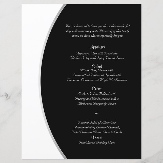 Black White Modern Circle Posh Wedding Menu (Front)