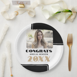 Black White Modern Congrats Graduate Photo Paper Plate