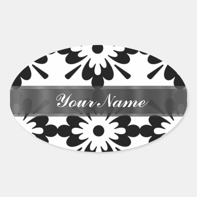 Black & white modern damask oval sticker (Front)
