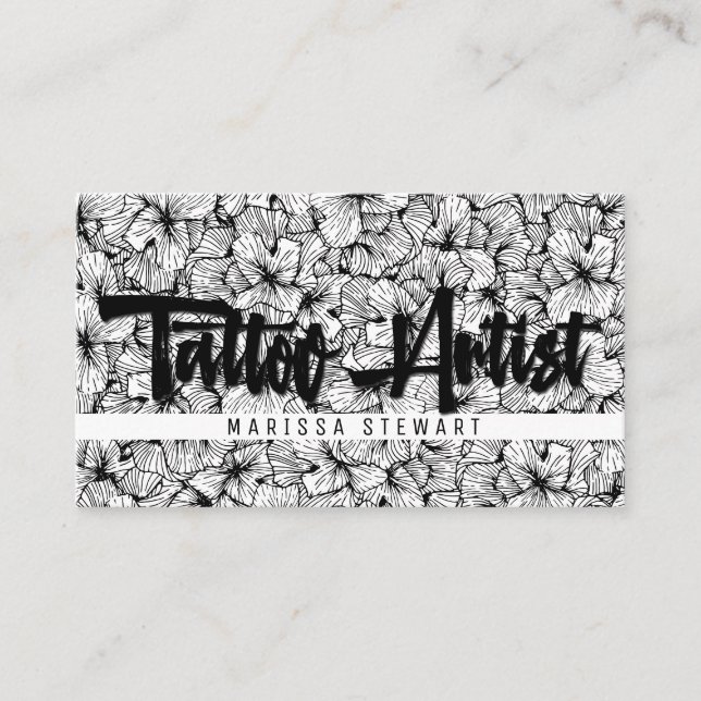 Black White Modern Drawn Flowers Tattoo Artist Business Card (Front)