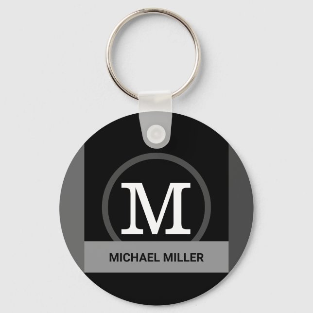 black & white modern elegant monogram key ring (Front)