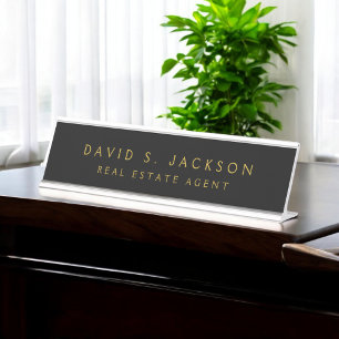 Black White Modern Elegant Professional Classy Desk Name Plate