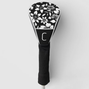 Black White Modern Floral Leaves Blowing Print Golf Head Cover