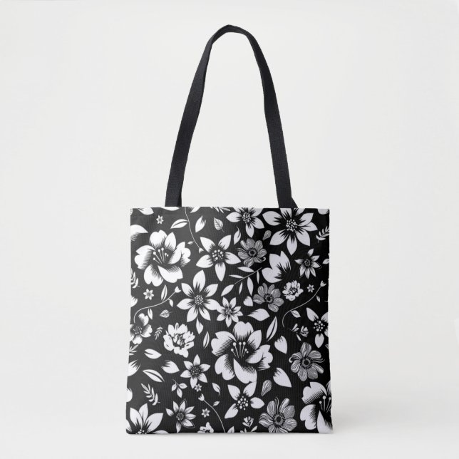 Black White Modern Floral Leaves Blowing Print Tote Bag (Front)