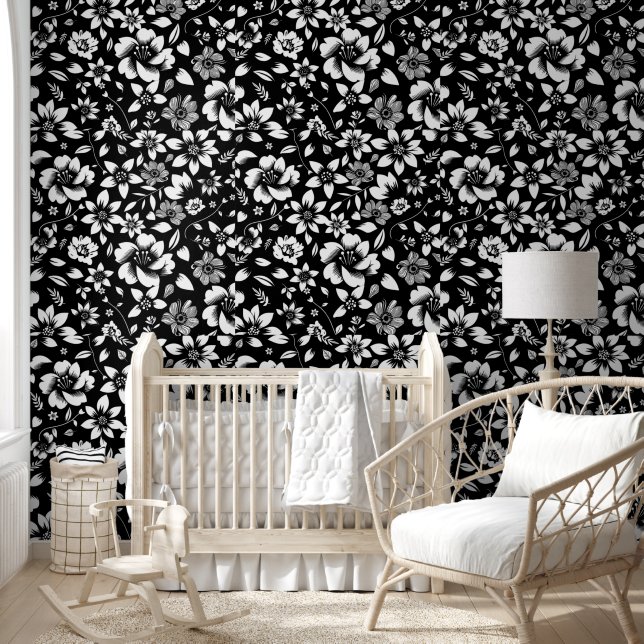 Black White Modern Floral Leaves Blowing Print Wallpaper (Kids)