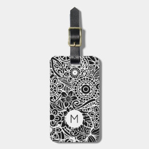 Black White Modern Floral Monogram Initial  Luggage Tag