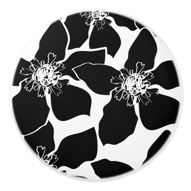 Black & White Modern Flowers Floral Elegant Ceramic Knob (Front)