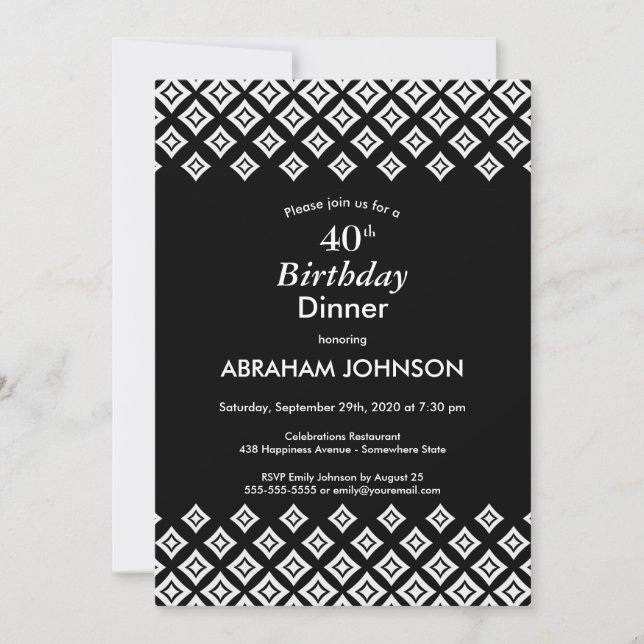 Black White Modern Geometric 40th Birthday Dinner Invitation (Front)