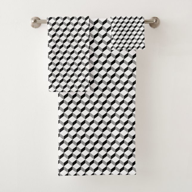 Black White Modern Geometric Bold  Block Pattern Bath Towel Set (Insitu)