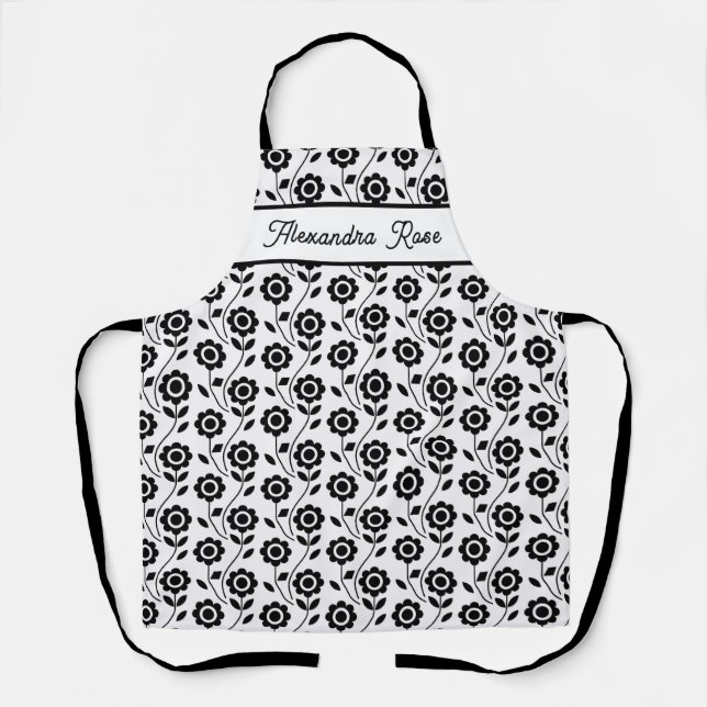 Black White Modern Geometric Flower Pattern Name Apron (Front)
