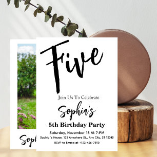 Black & White Modern Girl 5th Birthday Party Photo Invitation