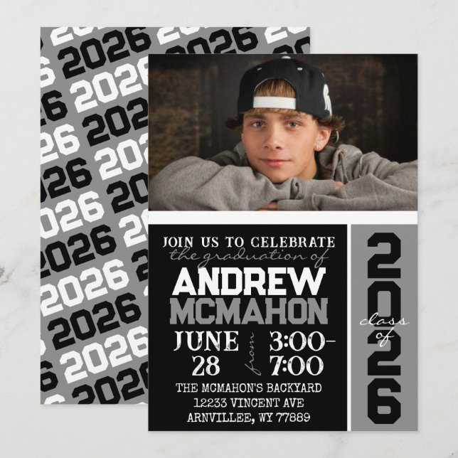 Black & White Modern Graduation Photo Invitation (Front/Back)