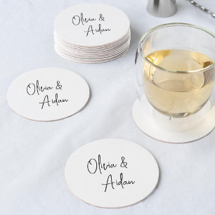 Black & White Modern Handwritten Script Wedding Round Paper Coaster
