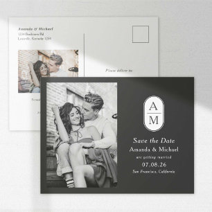 Black white modern initials photos save the date announcement postcard