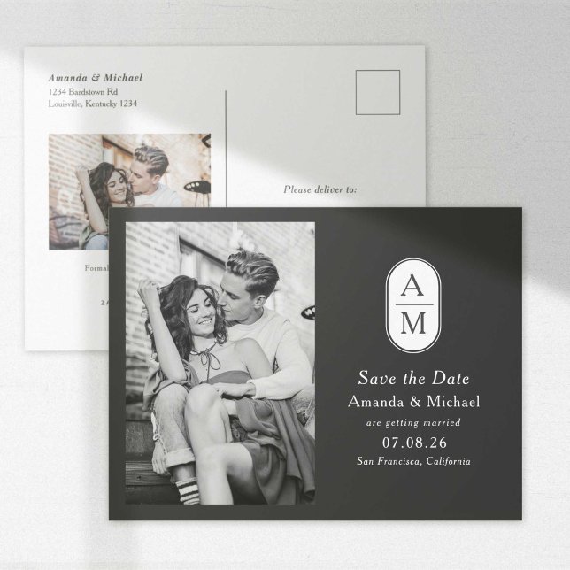Black white modern initials photos save the date announcement postcard (Creator Uploaded)