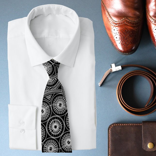 Black White Modern Mandala Geometric Pattern Tie (Creator Uploaded)