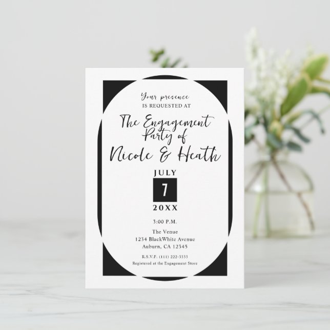 Black & White Modern Minimal Engagement Party Invitation (Standing Front)