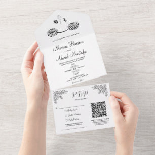 Black & White Modern Minimal Floral Islamic Nikah All In One Invitation