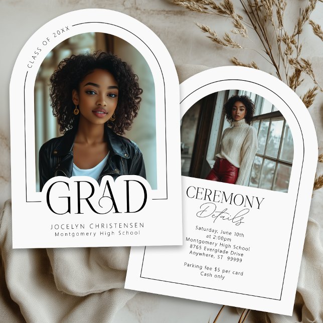 Black White Modern Minimal Grad Photo Announcement (Front + Back | Announcement and Invitation combined)