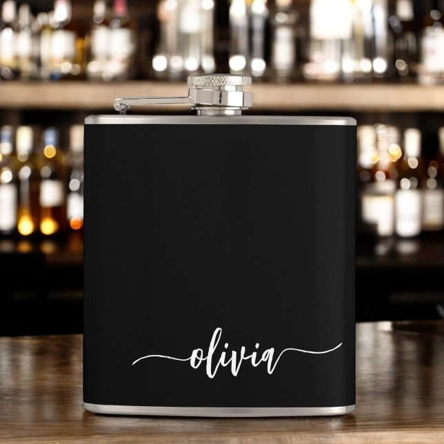Black White Modern Minimalist Elegant Monogram Hip Flask (Creator Uploaded)