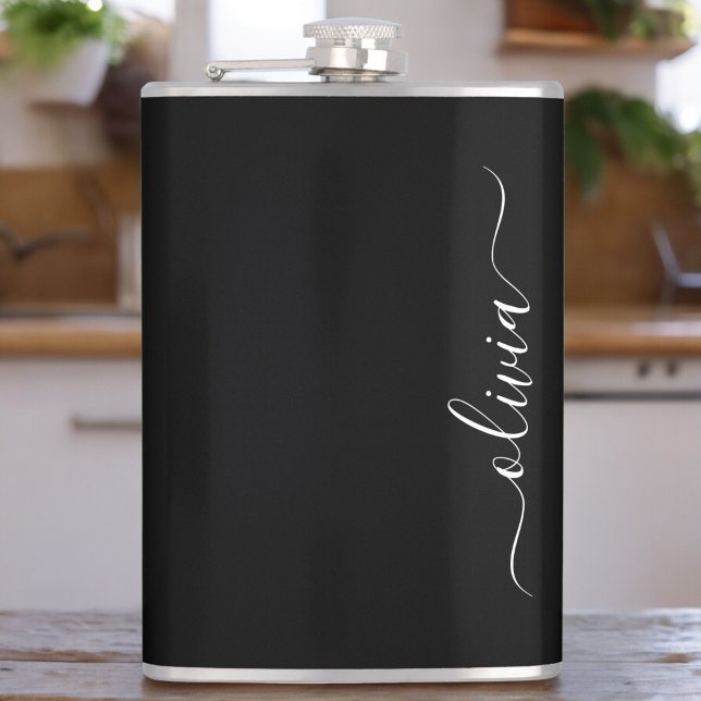 Black White Modern Minimalist Elegant Monogram Hip Flask (Creator Uploaded)