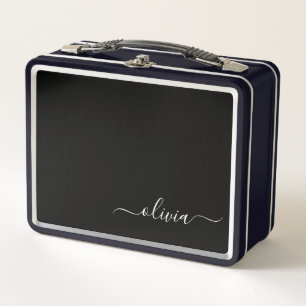 Black White Modern Minimalist Elegant Monogram Metal Lunch Box