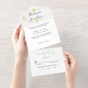 Black white modern minimalist Wedding gold foil All In One Invitation
