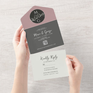 Black White Modern Monogram Wedding All In One Invitation