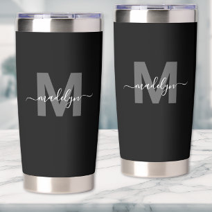 Black White Modern Name Monogram Insulated Tumbler