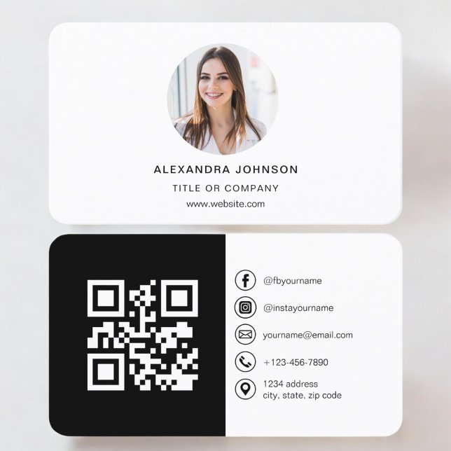 Black White Modern Photo with QR Code Social Media Business Card (Creator Uploaded)