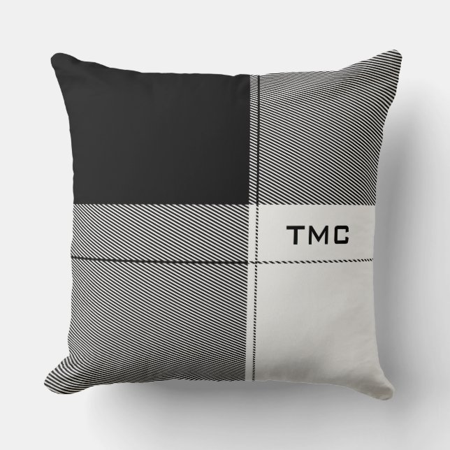 Black White Modern Plaid Initials Preppy Chic Cushion (Front)