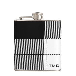 Black White Modern Plaid Initials Preppy Chic Hip Flask