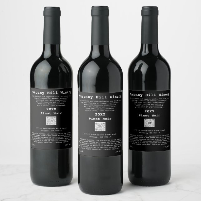 Black White Modern QR Code LOGO Description  Wine Label (Bottles)