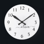 Black White Modern Script Girly Monogram Name<br><div class="desc">Black and White Simple Script Monogram Name Clock. This makes the perfect sweet 16 birthday,  wedding,  bridal shower,  anniversary,  baby shower or bachelorette party gift for someone that loves glam luxury and chic styles.</div>