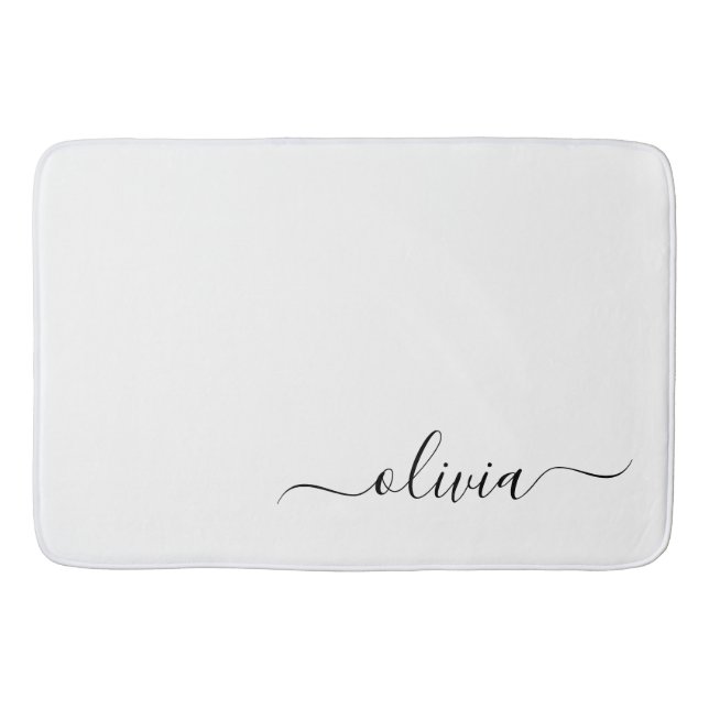 Black White Modern Script Girly Monogram Name Bath Mat (Front)