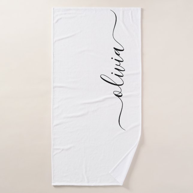 Black White Modern Script Girly Monogram Name Bath Towel (Bath Towel)