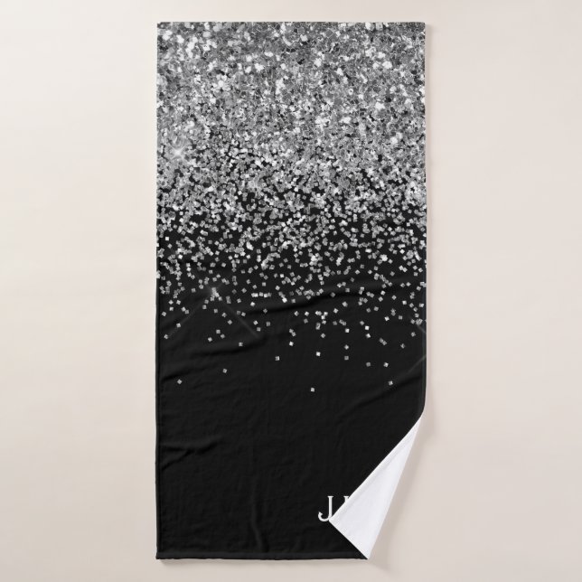Black White Modern Script Girly Monogram Name Bath Towel (Bath Towel)