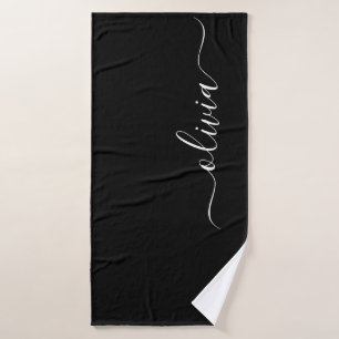 Black White Modern Script Girly Monogram Name Bath Towel