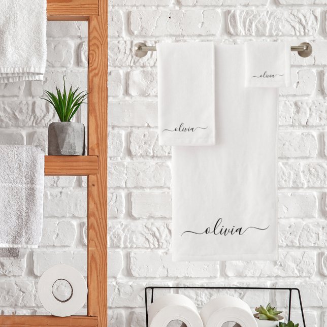 Black White Modern Script Girly Monogram Name Bath Towel Set (Creator Uploaded)
