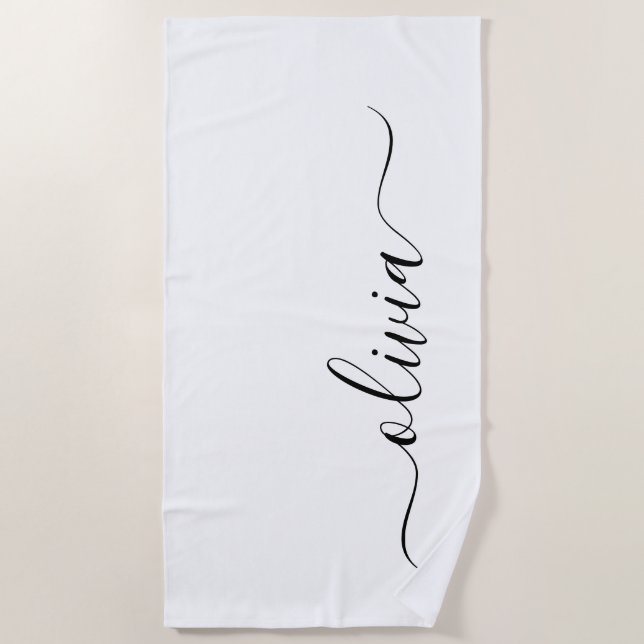 Black White Modern Script Girly Monogram Name Beach Towel (Front)