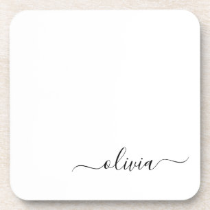 Black White Modern Script Girly Monogram Name Coaster