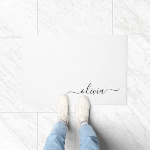 Black White Modern Script Girly Monogram Name Doormat